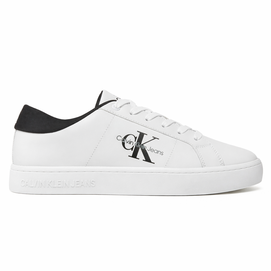 Calvin Klein Jeans Classic Cupsole low-top leather sneakers in white and black.
