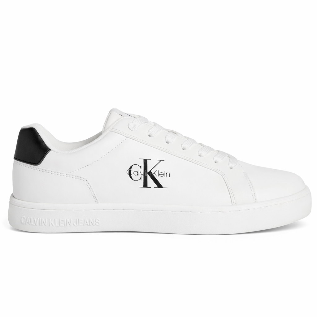 Calvin Klein Jeans Classic Cupsole low-top leather sneakers with a black heel tab and logo details.  _ White