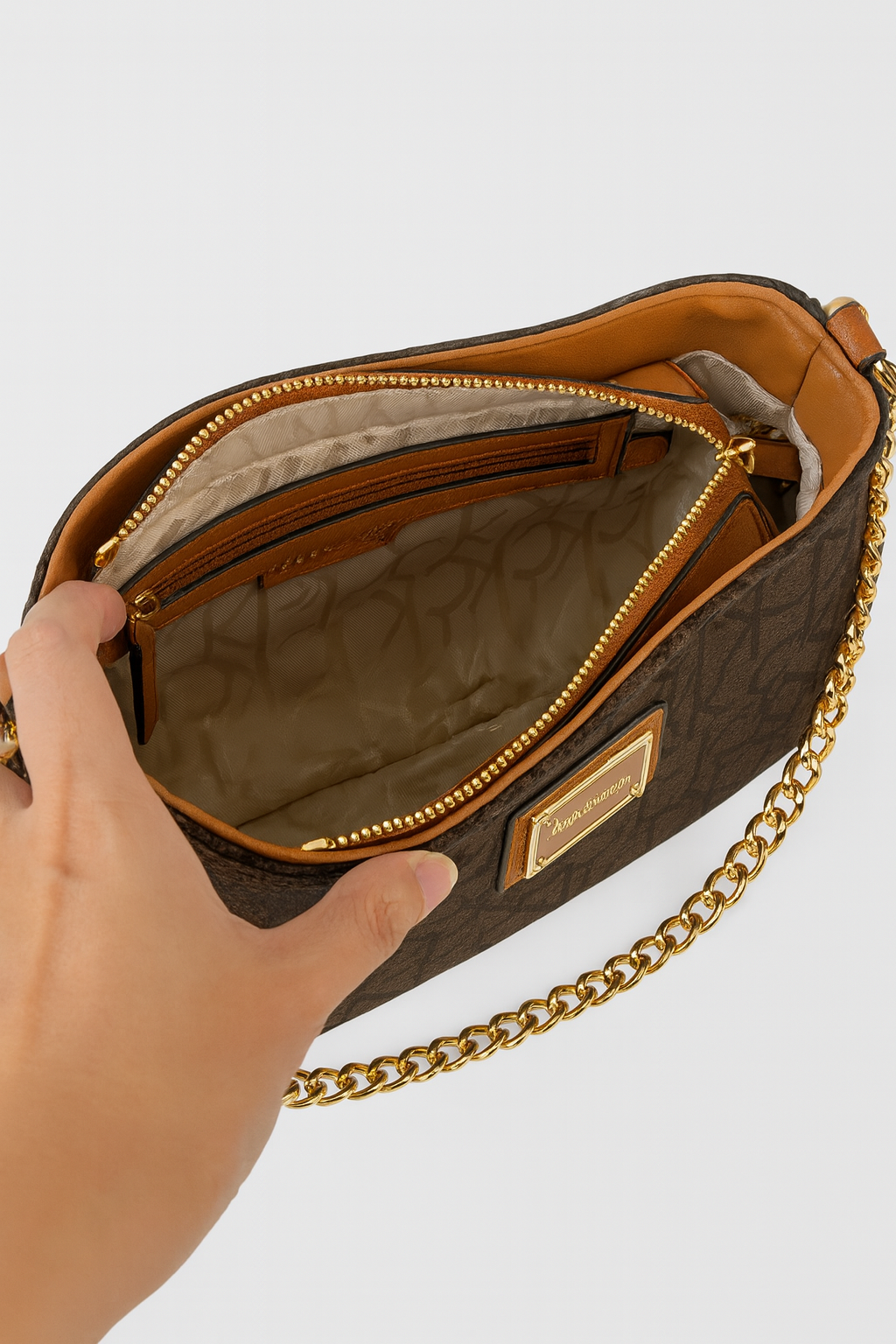 Calvin Klein Women’s Monogram Mini Shoulder Bag with Gold Chain & Pouch