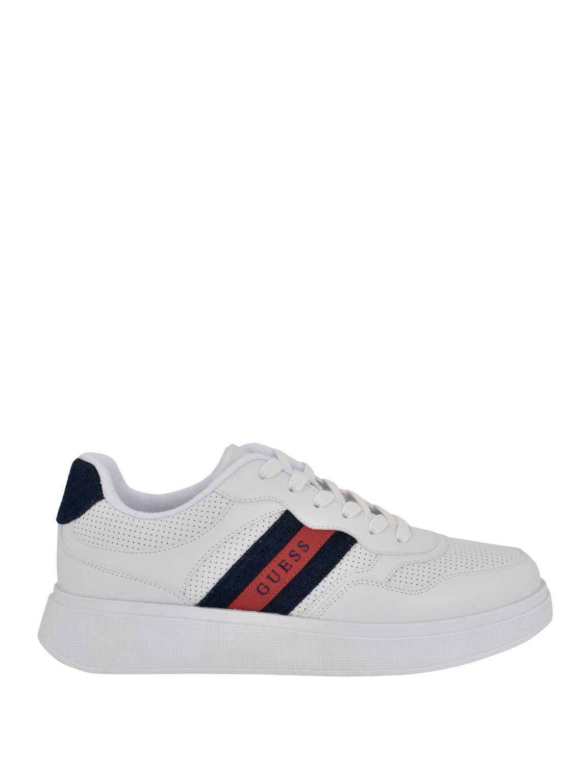 GUESS Men’s White Low-Top Sneakers with Navy & Red Stripe