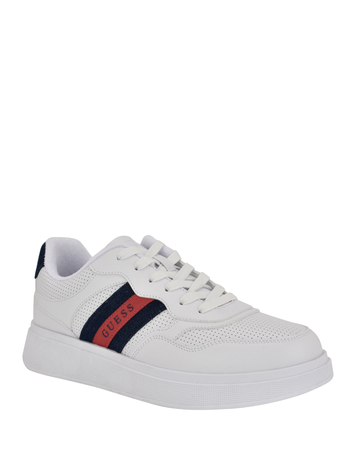 GUESS Men’s White Low-Top Sneakers with Navy & Red Stripe
