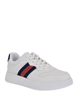 GUESS Men’s White Low-Top Sneakers with Navy & Red Stripe