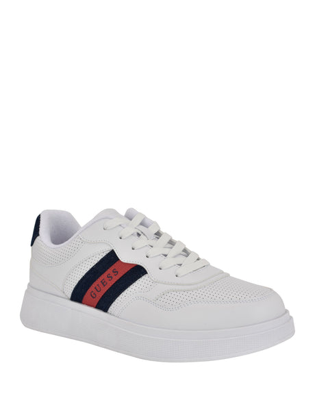 GUESS Men’s White Low-Top Sneakers with Navy & Red Stripe