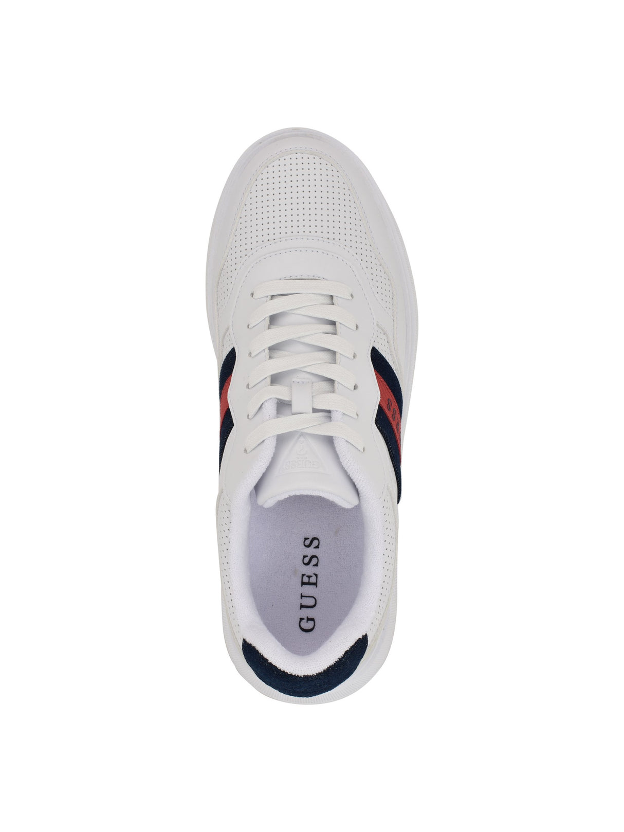 GUESS Men’s White Low-Top Sneakers with Navy & Red Stripe