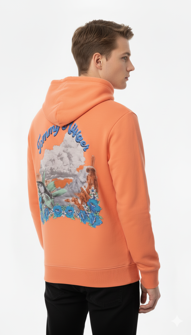 Tommy Hilfiger Script & Graphic Back Fleece Hoodie (Rust Orange)