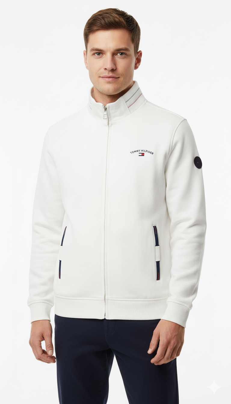 Tommy Hilfiger Men's Full-Zip Track Jacket - White with Color-Block Pockets & Badge Detail