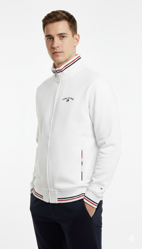 Tommy Hilfiger Men's Full-Zip Track Jacket - White with Flag Collar & Cuffs