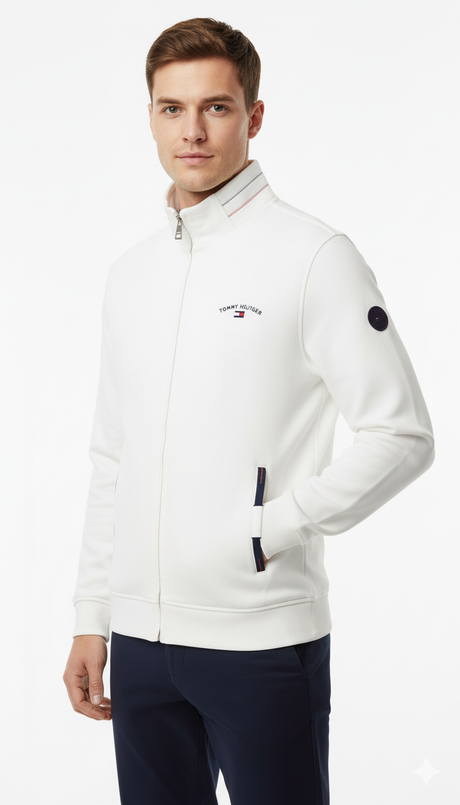 Tommy Hilfiger Men's Full-Zip Track Jacket - White with Color-Block Pockets & Badge Detail