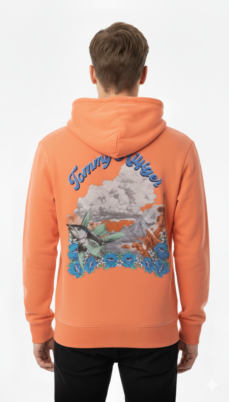 Tommy Hilfiger Script & Graphic Back Fleece Hoodie (Rust Orange)