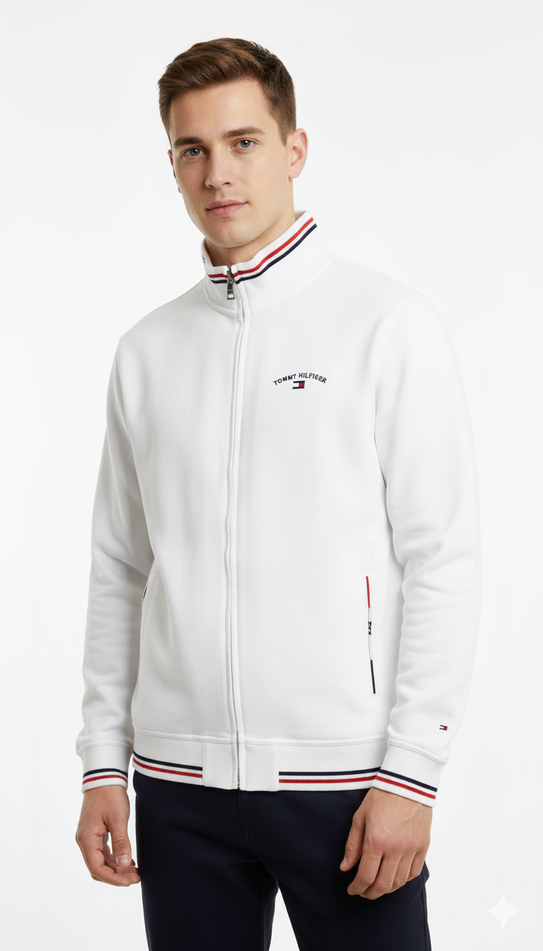Tommy Hilfiger Men's Full-Zip Track Jacket - White with Flag Collar & Cuffs