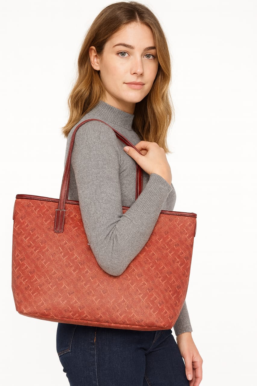 Rust Red Monogram Tote Bag with Shoulder Straps