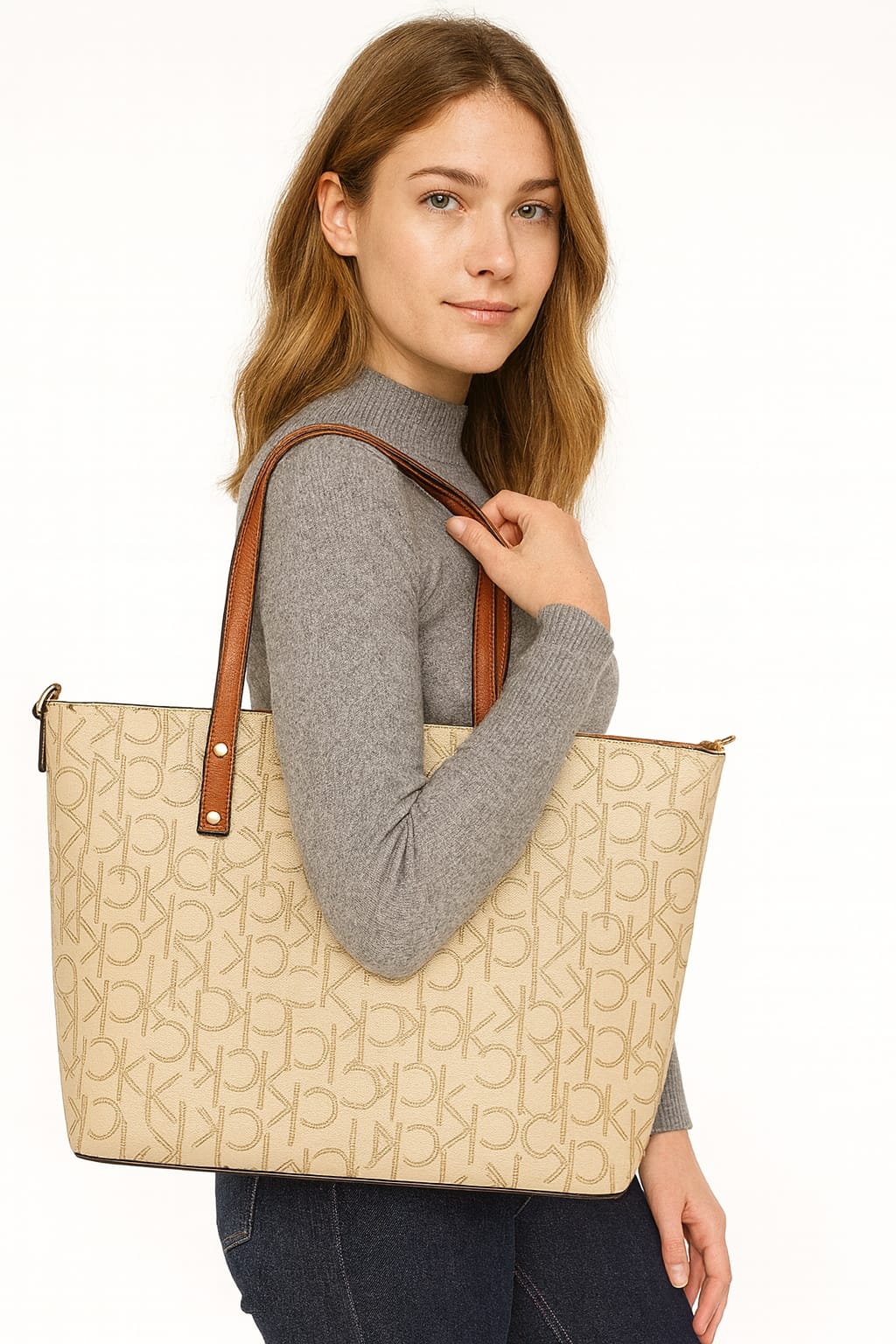 Calvin Klein Beige Monogram Tote Bag with Brown Straps