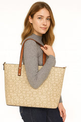 Calvin Klein Beige Monogram Tote Bag with Brown Straps