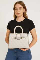 Guess Cream Monogram Structured Handbag with Top Handles