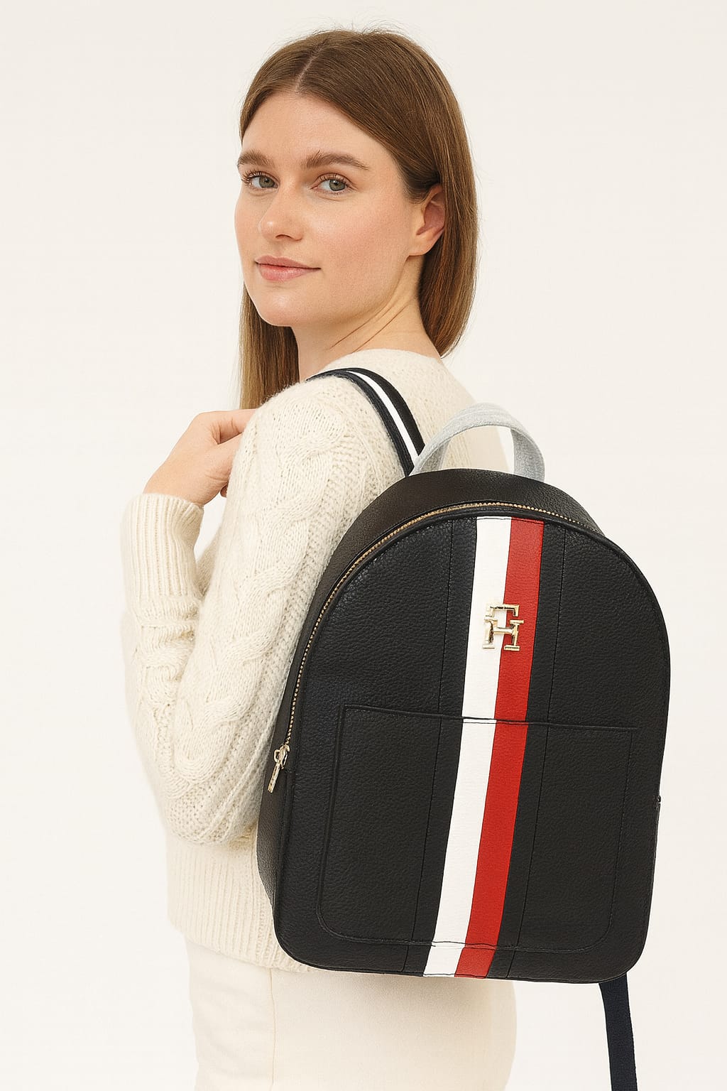 Black Leather Backpack with Red & White Stripe Detail
