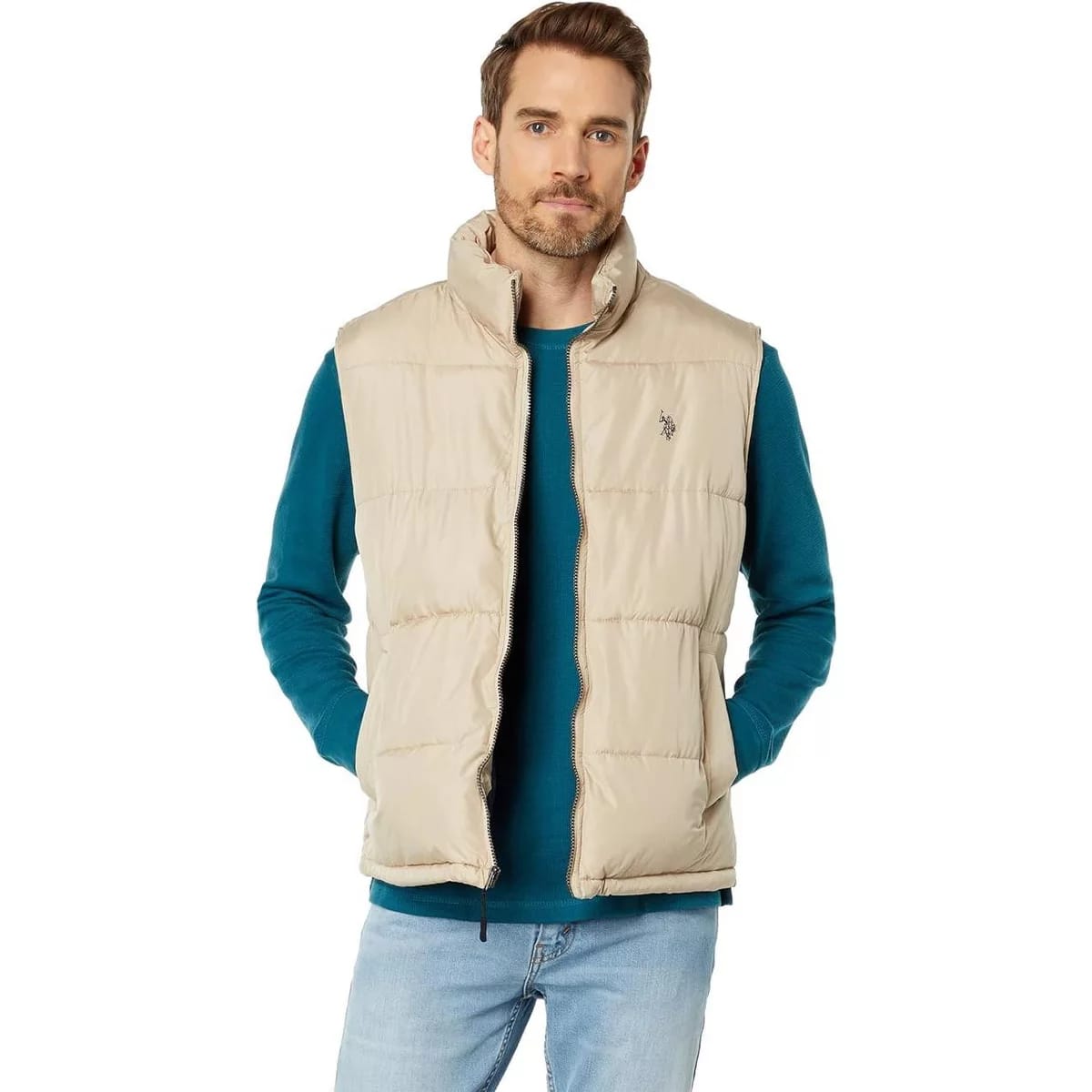 U.S. Polo Assn. Men's Puffer Vest - Essential Tan Sleeveless Jacket
