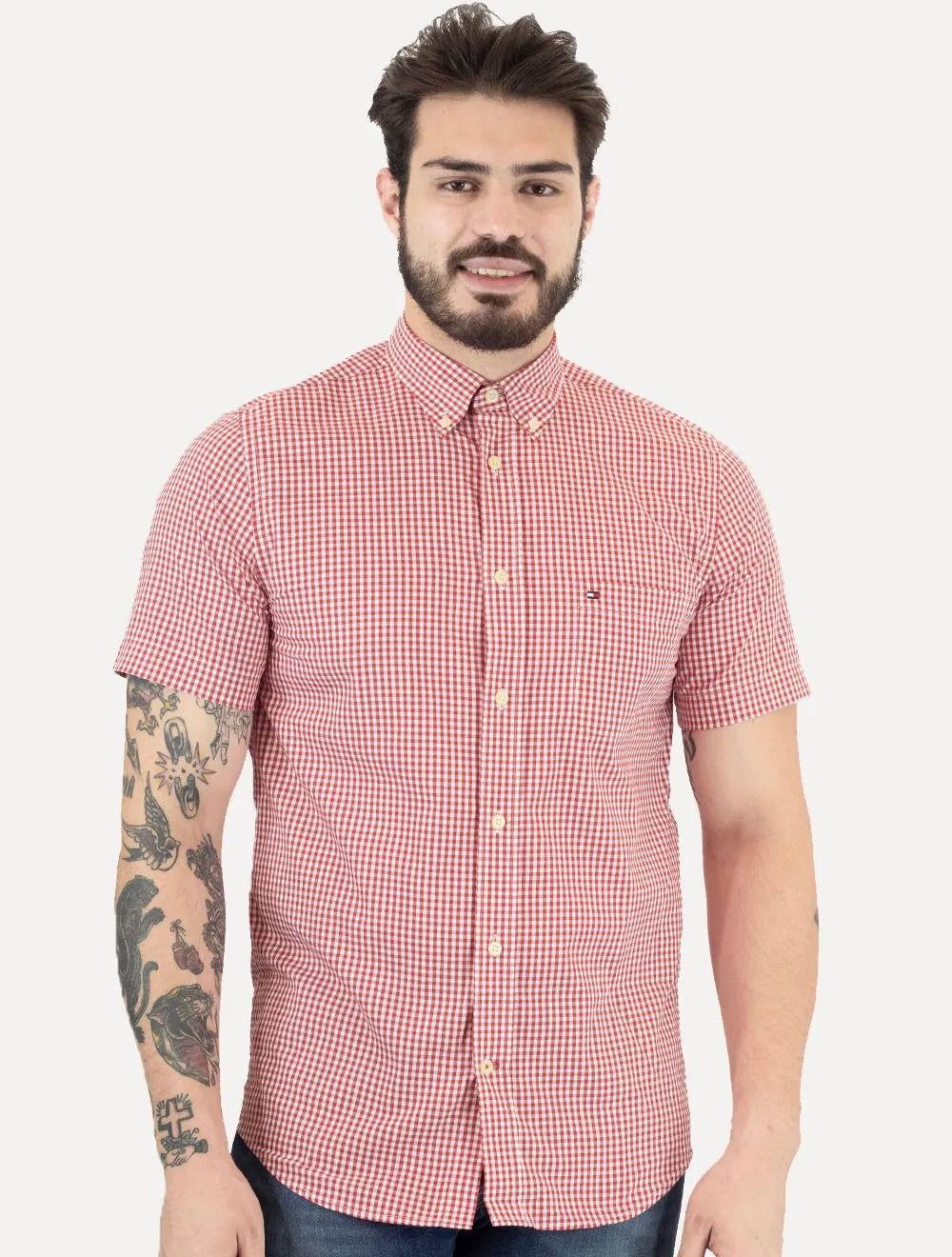 Tommy Hilfiger Masculina Manga Curta Xadrez Gingham Branca/Vermelha Vermelho