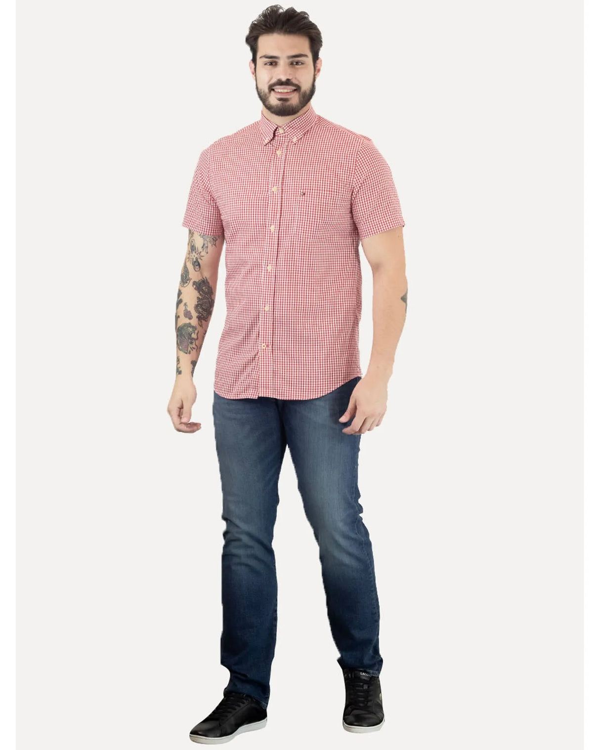 Tommy Hilfiger Masculina Manga Curta Xadrez Gingham Branca/Vermelha Vermelho