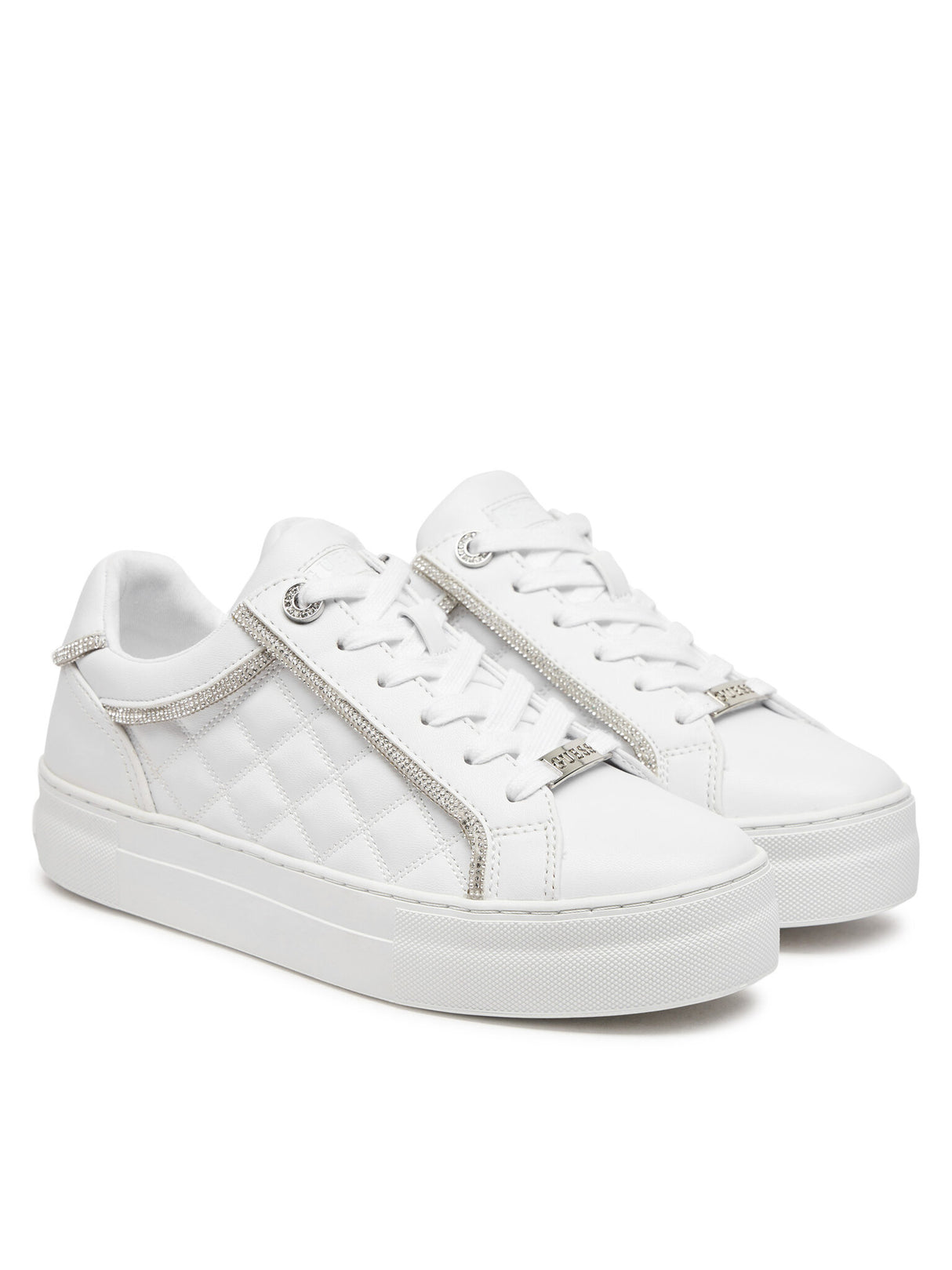 GUESS Women’s White Quilted Low-Top Sneakers with Rhinestone Trim