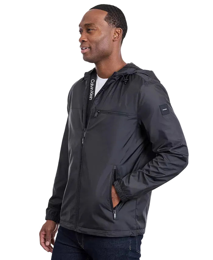 CALVIN KLEIN Hooded Logo Windbreaker with Fleece Lining Men Jacket _ Black