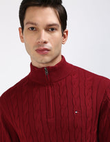 Tommy Hilfiger Men’s Cable Knit Half-Zip Sweater – Burgundy | Classic Fit