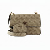 Guess Alexie Crossbody Flap bag in a brown monogram pattern with gold-tone hardware.