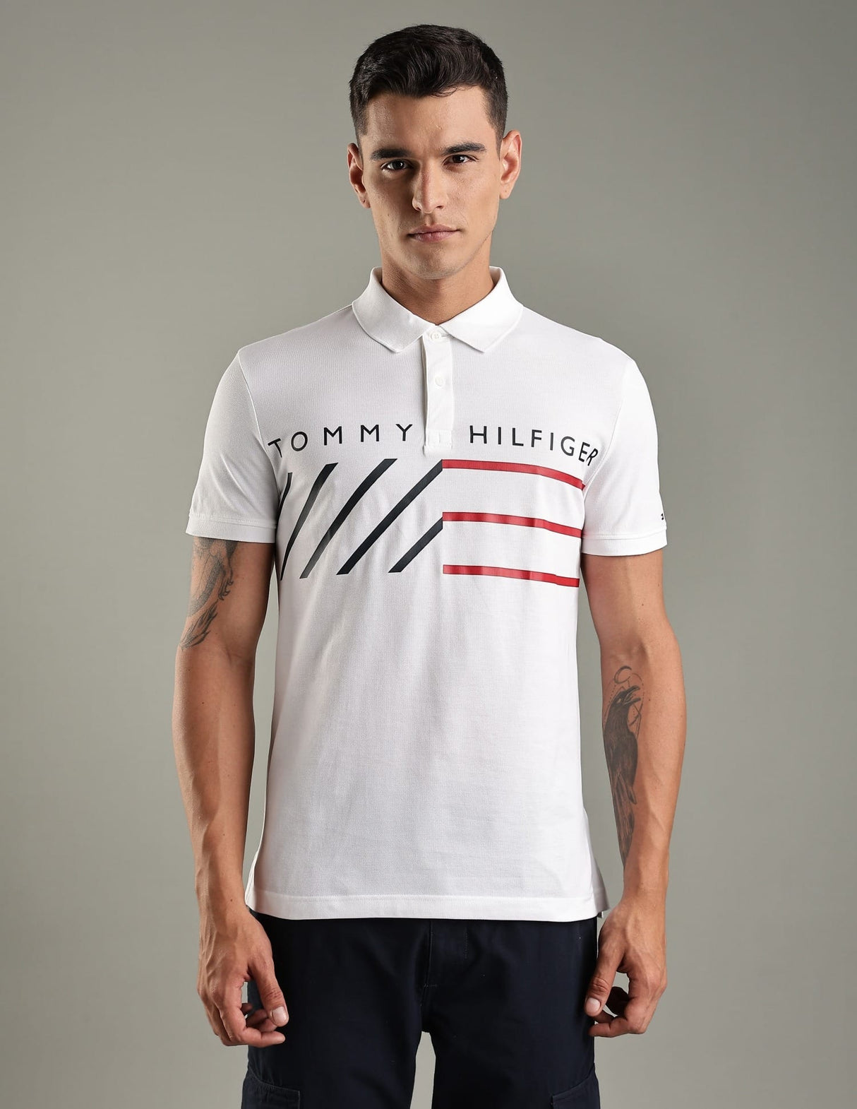 Tommy Hilfiger Men’s Striped Logo Piqué Polo Shirt, White