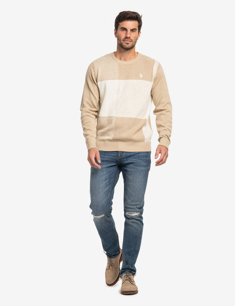 U.S. Polo Assn. Men’s Colorblock Knit Sweater – Beige & Cream