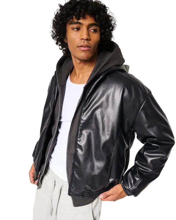 Hollister Black Faux Leather Hooded Jacket
