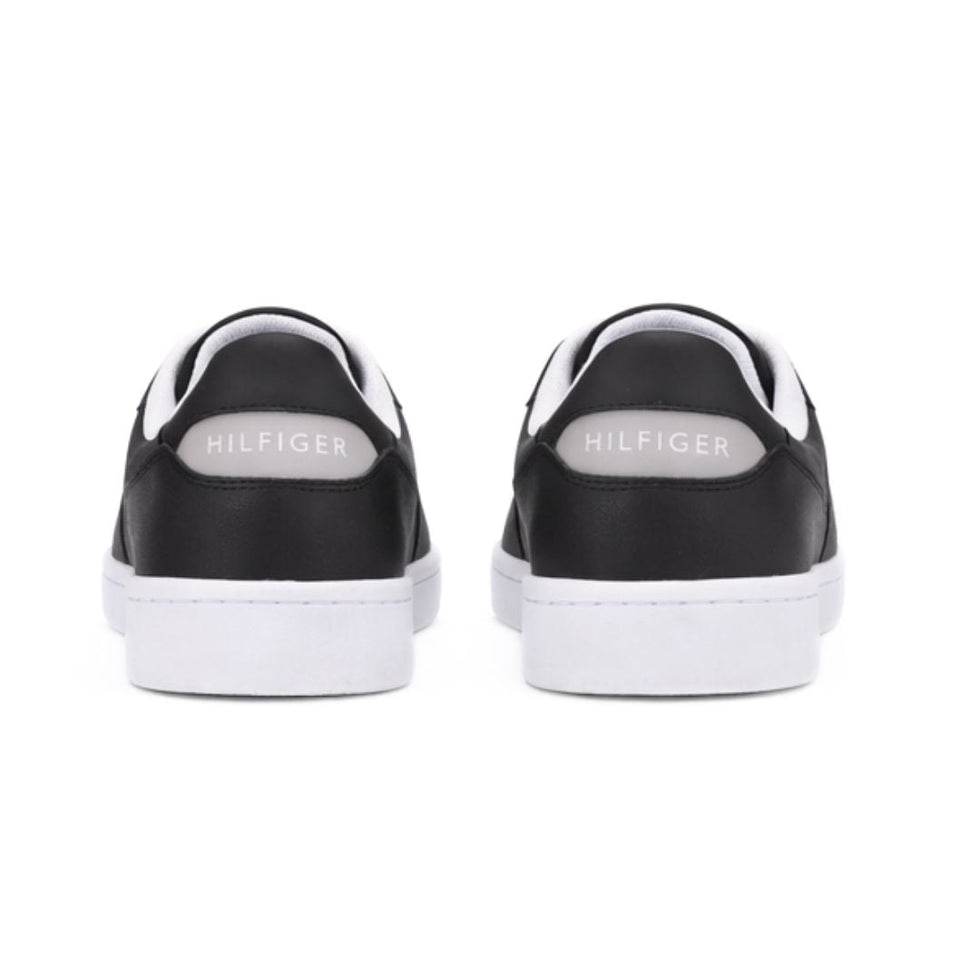 Tommy Hilfiger Men’s Black Leather Sneakers with Silver “H” Logo