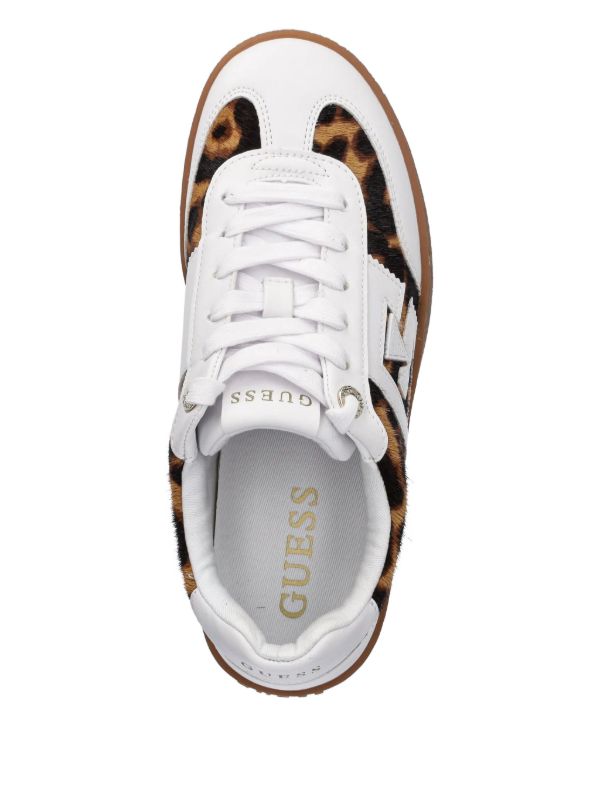GUESS Women’s Lace-Up Sneakers with Animal Print Panels – White/Brown
