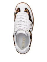 GUESS Women’s Lace-Up Sneakers with Animal Print Panels – White/Brown