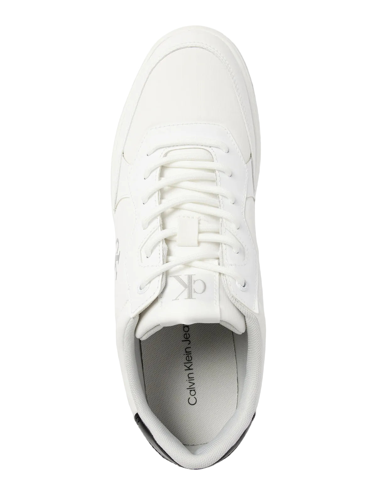 This is a pair of Calvin Klein Jeans Classic Cupsole Tech Ripstop men's sneakers in white with a black heel tab.