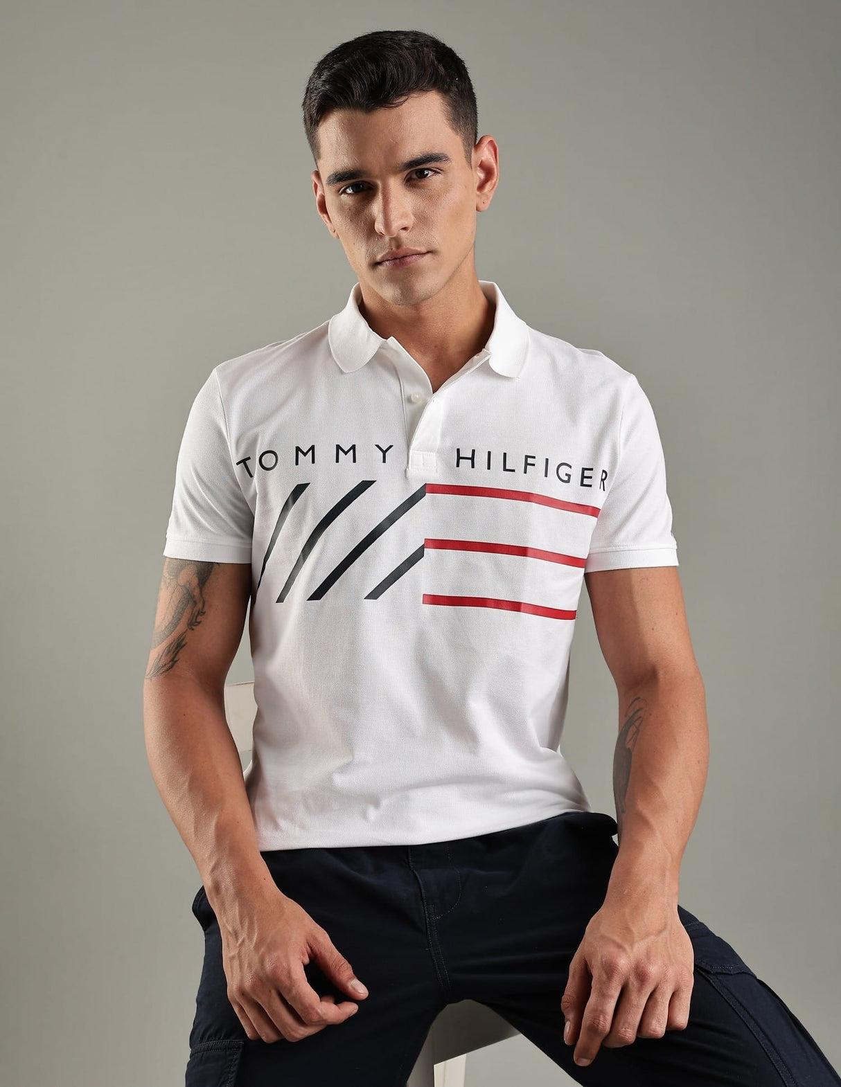 Tommy Hilfiger Men’s Striped Logo Piqué Polo Shirt, White