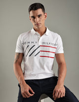 Tommy Hilfiger Men’s Striped Logo Piqué Polo Shirt, White