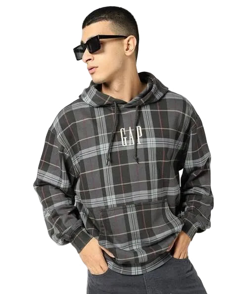 GAP Men’s Multi-Colour Plaid Drop-Shoulder Hoodie – Multicolor
