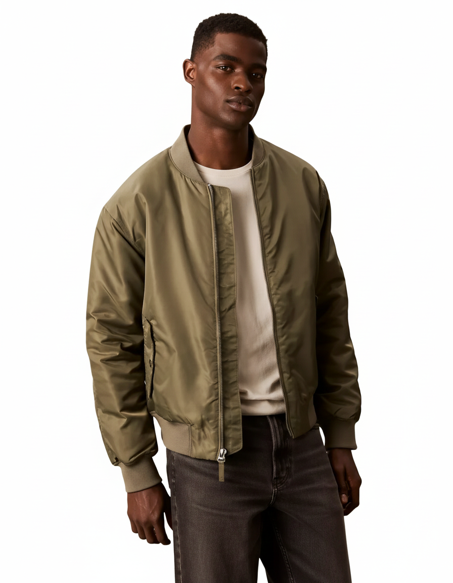 Calvin Klein Jeans LS Nylon Bomber Jacket in olive green.