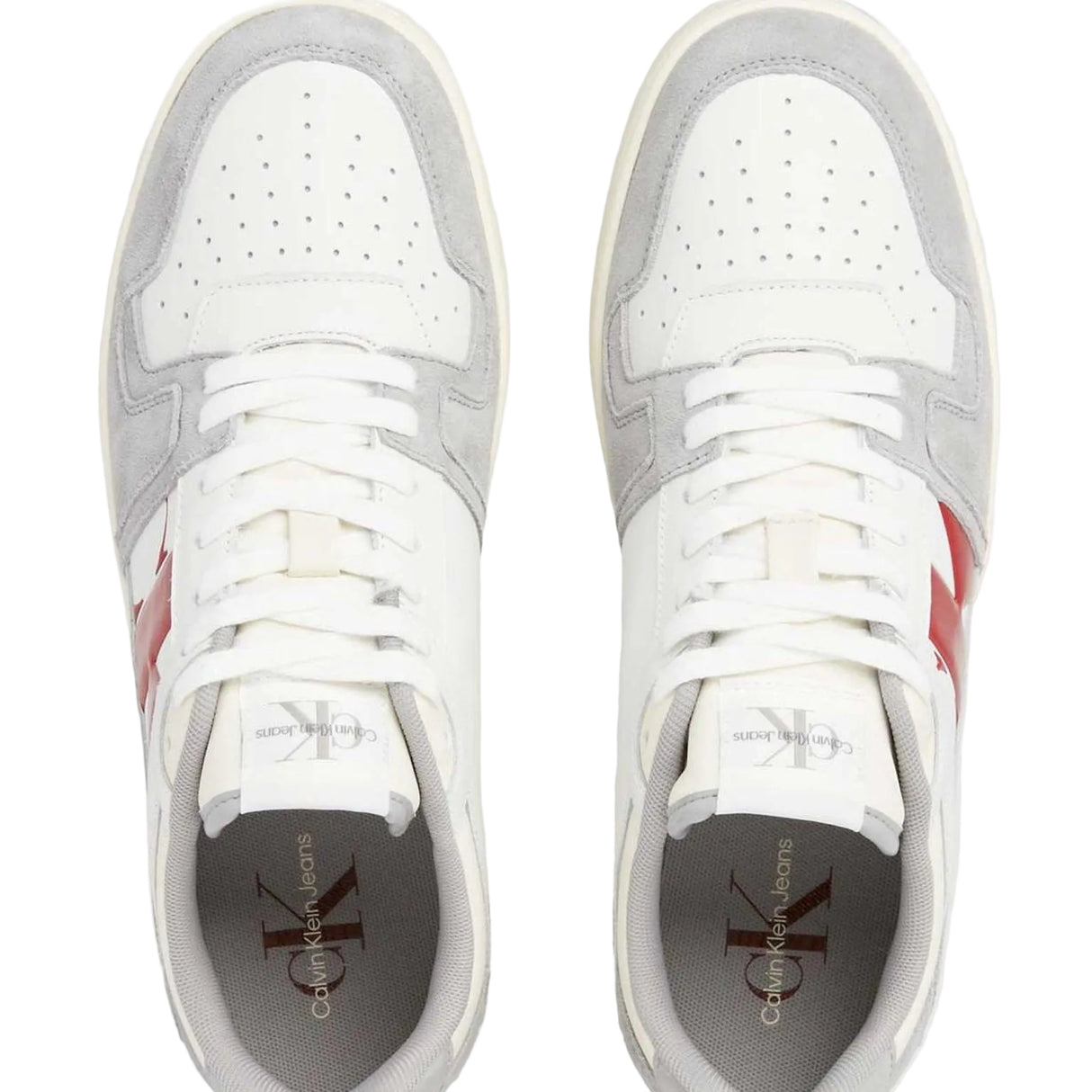 This is a pair of Calvin Klein Jeans Basket Cupsole Low sneakers in white and grey suede with red logo detail.