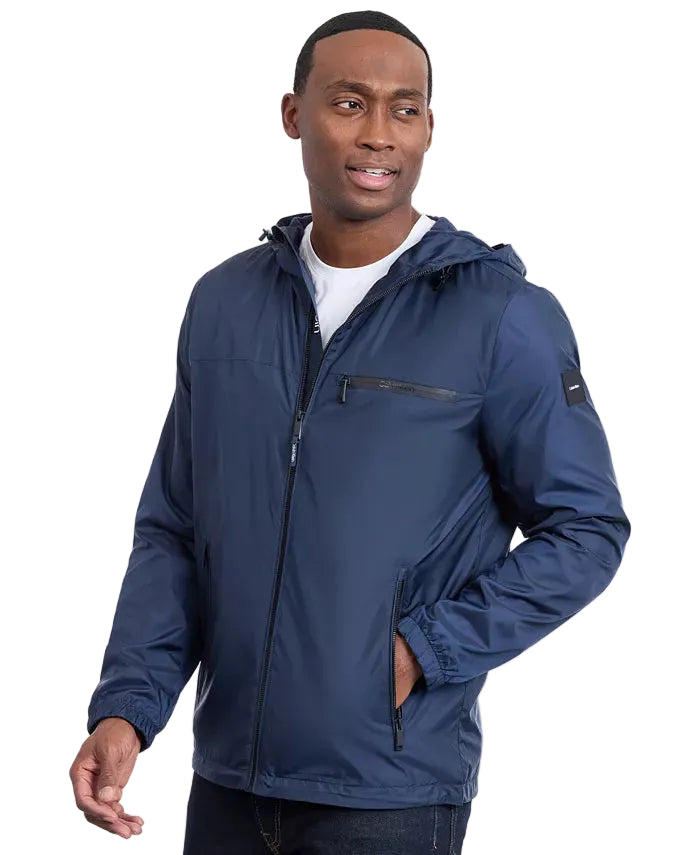 CALVIN KLEIN Hooded Logo Windbreaker with Fleece Lining Men Jacket _ Navy