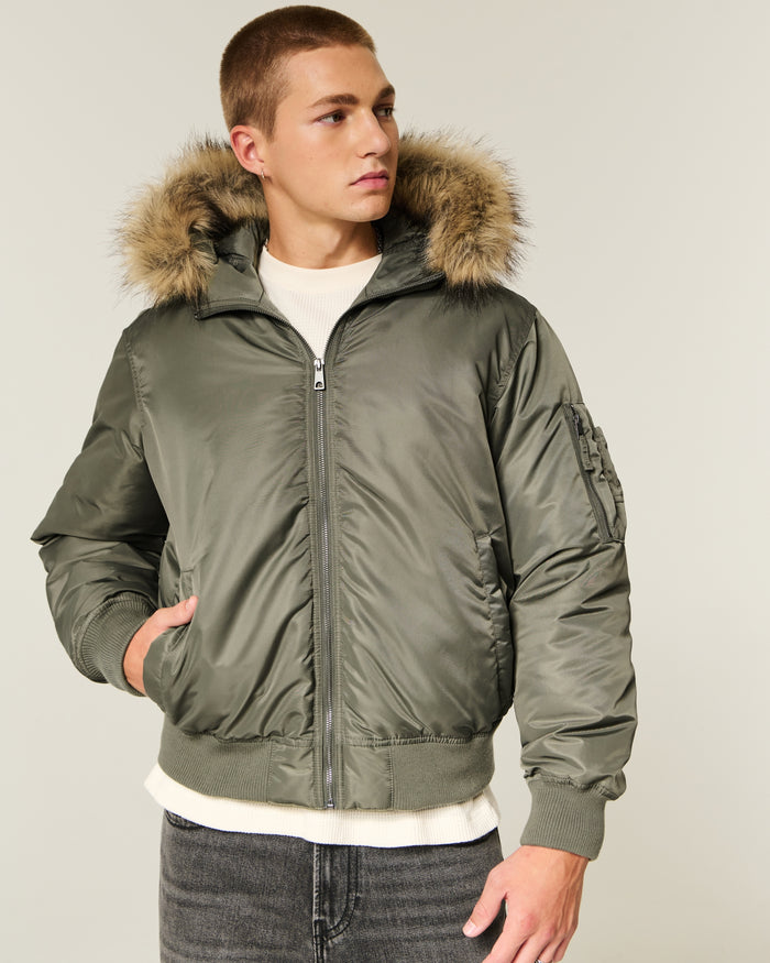 Hollister men's hooded puffer jacket Olive color