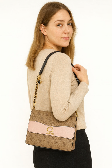 Guess Monogram Crossbody Bag with Pink Flap Accent