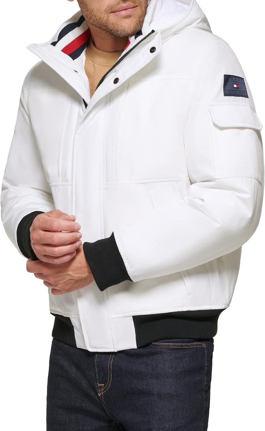 Tommy Hilfiger Men's Arctic Cloth Hooded Utility Bomber jacket  _ Off White