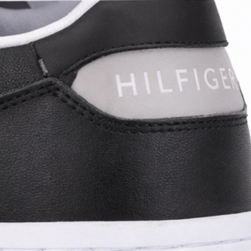 Tommy Hilfiger Men’s Black Leather Sneakers with Silver “H” Logo