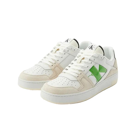 This is a pair of Calvin Klein low cupsole suede trainers in off white and green with a gum sole.