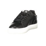 This is a pair of Calvin Klein Classic Cupsole Mono leather sneakers in black and white.