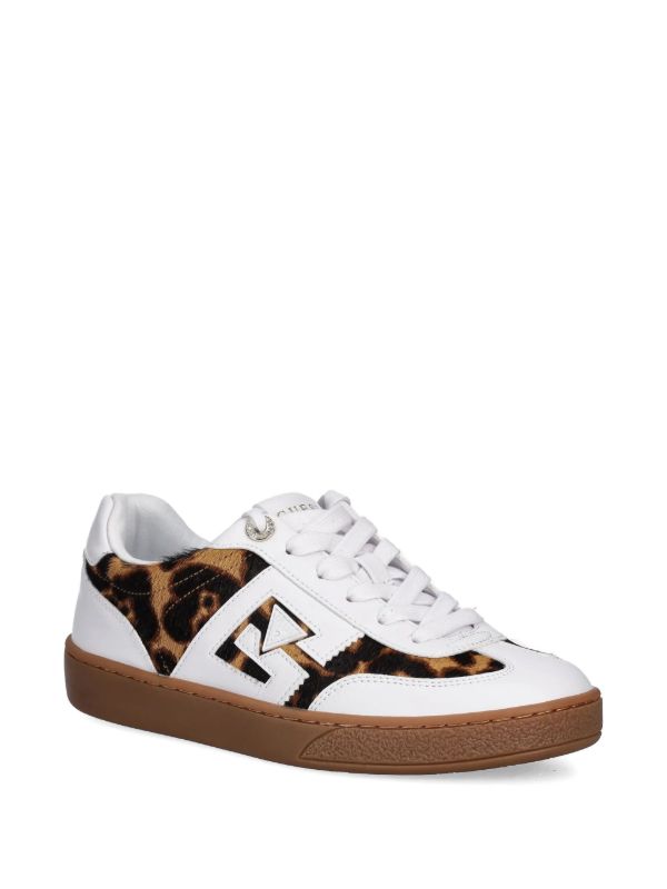 GUESS Women’s Lace-Up Sneakers with Animal Print Panels – White/Brown