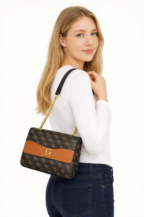 Guess Monogram Crossbody Bag with Tan Flap Accent