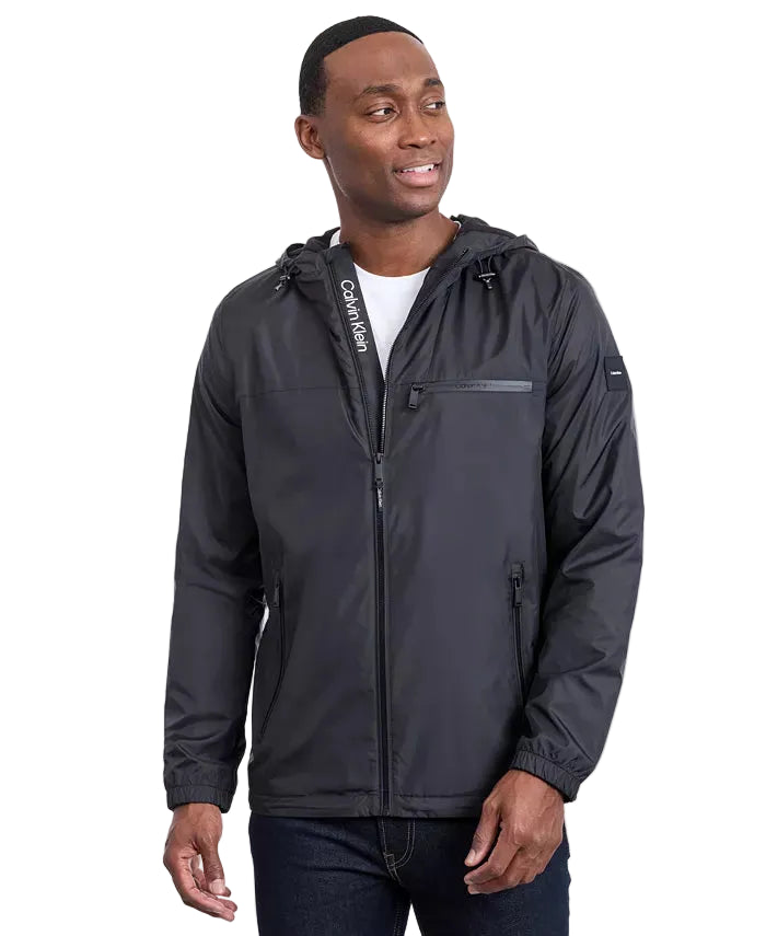 CALVIN KLEIN Hooded Logo Windbreaker with Fleece Lining Men Jacket _ Black