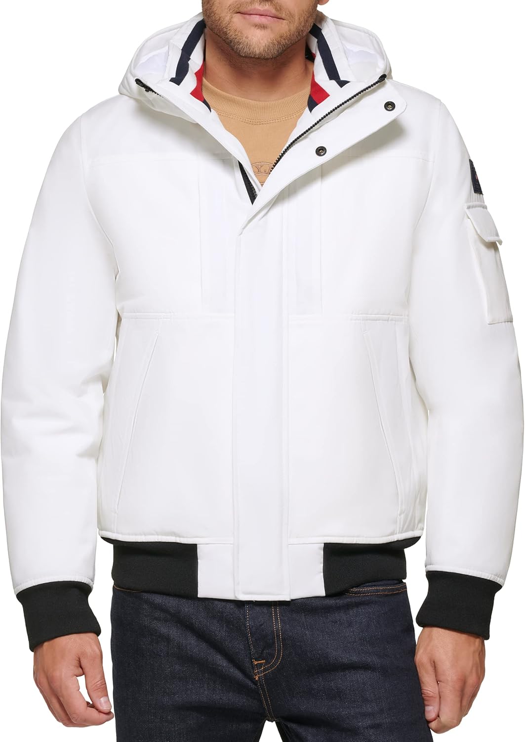 Tommy Hilfiger Men's Arctic Cloth Hooded Utility Bomber jacket  _ Off White