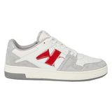 This is a pair of Calvin Klein Jeans Basket Cupsole Low sneakers in white and grey suede with red logo detail.